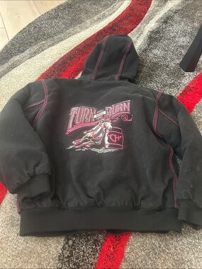 Cowgirl hardware Turn and Burn Black & Pink Hooded Kids Jacket medium